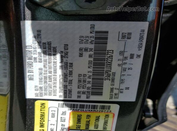 3FA6P0LUXKR226723 2019 FORD FUSION Gray ძრავის განყოფილების ხედი