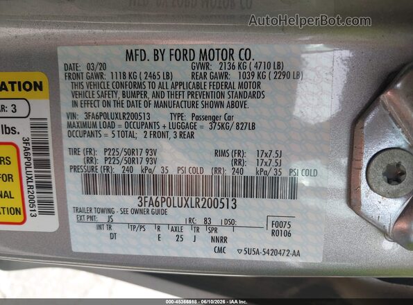 3FA6P0LUXLR200513 2020 FORD FUSION Silver Շարժիչի բաժամունքի տեսք