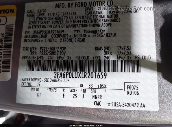 3FA6P0LUXLR201659 2020 FORD FUSION Silver Vista del compartimento del motor