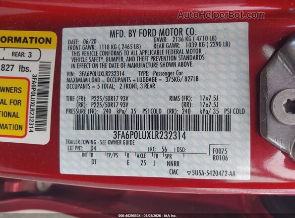 3FA6P0LUXLR232314 2020 FORD FUSION Red Engine compartment view