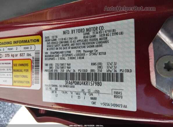 3FA6P0MU4KR157980 2019 FORD FUSION HYBRID Burgundy ძრავის განყოფილების ხედი