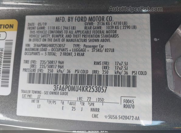 3FA6P0MU4KR253057 2019 FORD FUSION HYBRID Gray Շարժիչի բաժամունքի տեսք