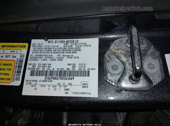 3FA6P0MU7KR265669 2019 FORD FUSION HYBRID Gray Engine compartment view