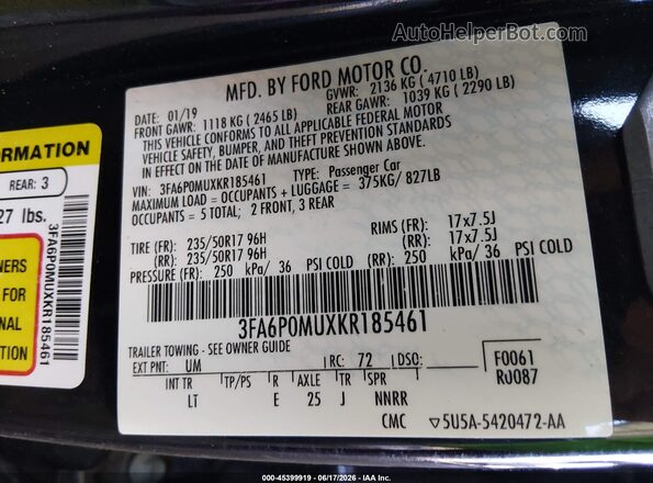 3FA6P0MUXKR185461 2019 FORD FUSION HYBRID Черный Вид подкапотного пространства