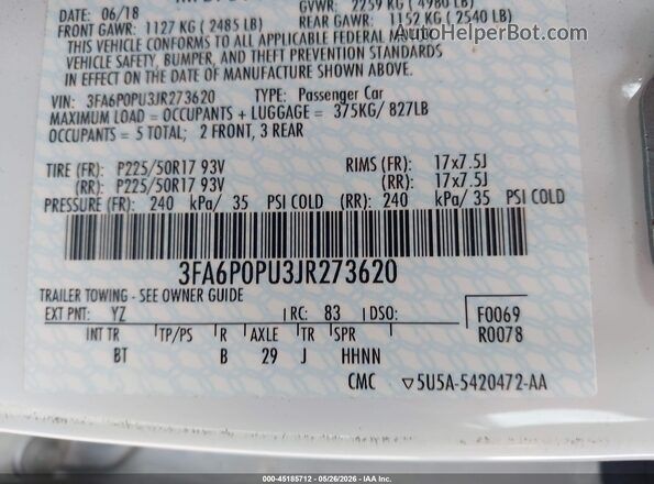 3FA6P0PU3JR273620 2018 FORD FUSION ENERGI White Вид підкапотного простору