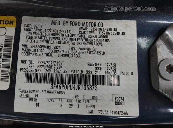 3FA6P0PU4JR105873 2018 FORD FUSION ENERGI Blue Вид підкапотного простору