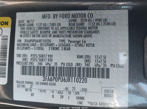 3FA6P0PU6JR110220 2018 FORD FUSION ENERGI Gray ძრავის განყოფილების ხედი