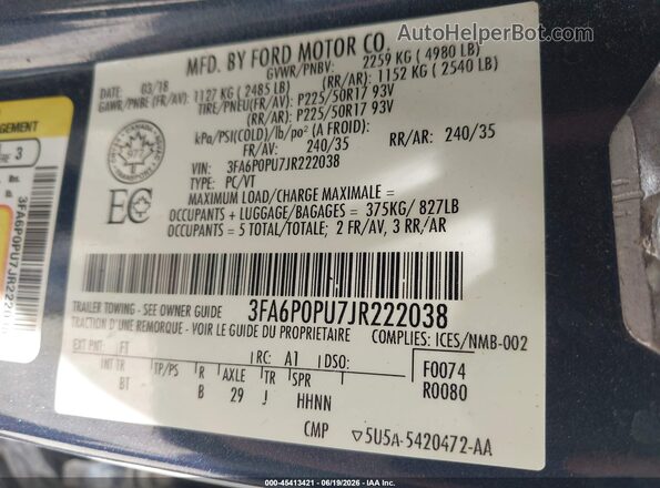 3FA6P0PU7JR222038 2018 FORD FUSION ENERGI Blue ძრავის განყოფილების ხედი