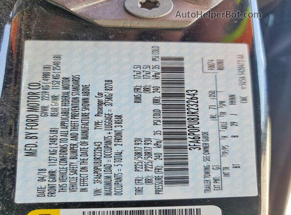 3FA6P0PU8JR232643 2018 FORD FUSION Black Vista del compartimento del motor