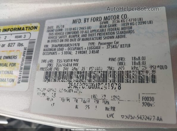 3FA6P0RU0JR241978 2018 FORD FUSION HYBRID Silver Вид підкапотного простору