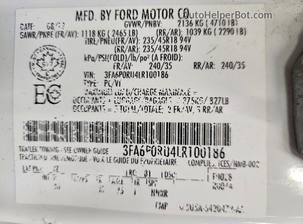 3FA6P0RU4LR100186 2020 FORD FUSION White 