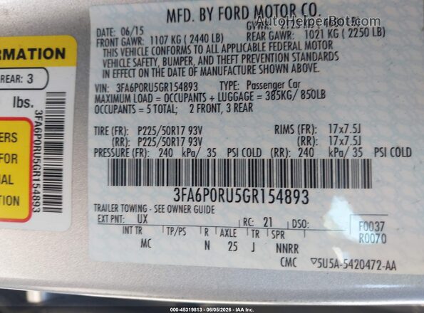 3FA6P0RU5GR154893 2016 FORD FUSION HYBRID Silver Շարժիչի բաժամունքի տեսք