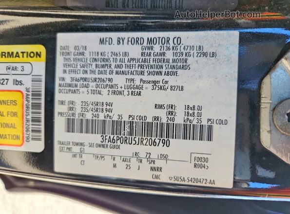 3FA6P0RU5JR206790 2018 FORD FUSION Black 