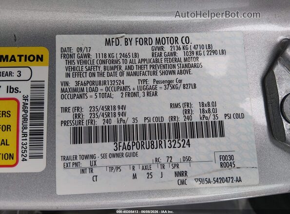 3FA6P0RU8JR132524 2018 FORD FUSION HYBRID Silver Շարժիչի բաժամունքի տեսք