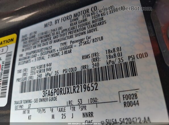 3FA6P0RUXLR219652 2020 FORD FUSION Gray Widok komory silnika