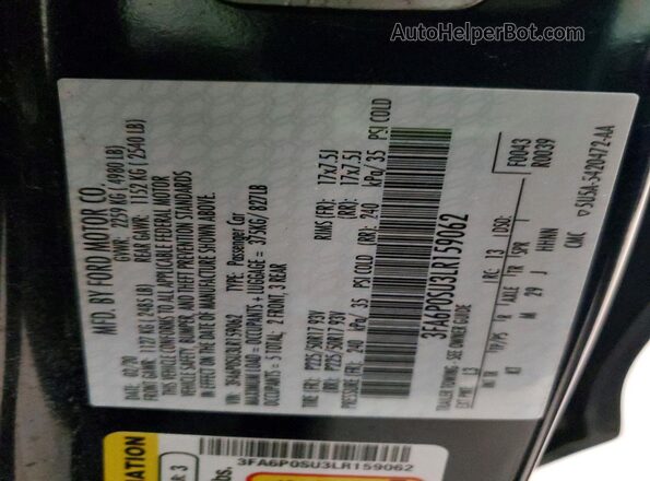 3FA6P0SU3LR159062 2020 FORD FUSION Blue Engine compartment view
