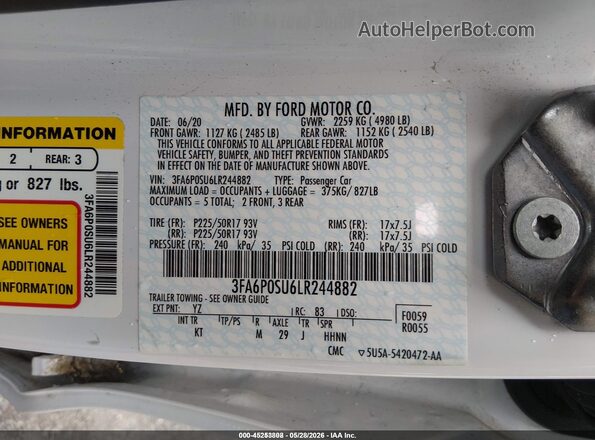 3FA6P0SU6LR244882 2020 FORD FUSION PLUG-IN HYBRID White 