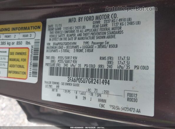 3FA6P0SU7GR241494 2016 FORD FUSION ENERGI Brown Vista del compartimento del motor