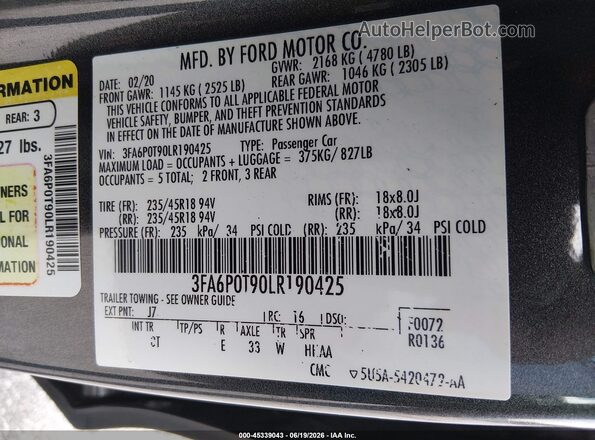 3FA6P0T90LR190425 2020 FORD FUSION Gray Շարժիչի բաժամունքի տեսք