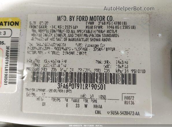 3FA6P0T91LR190501 2020 FORD FUSION White Вид підкапотного простору
