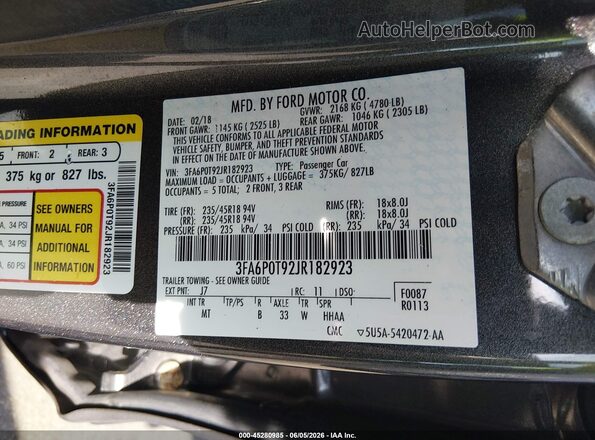 3FA6P0T92JR182923 2018 FORD FUSION Gray Engine compartment view
