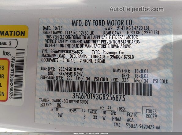 3FA6P0T93GR256875 2016 FORD FUSION White Engine compartment view