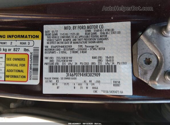3FA6P0T94HR302909 2017 FORD FUSION Burgundy Вид підкапотного простору