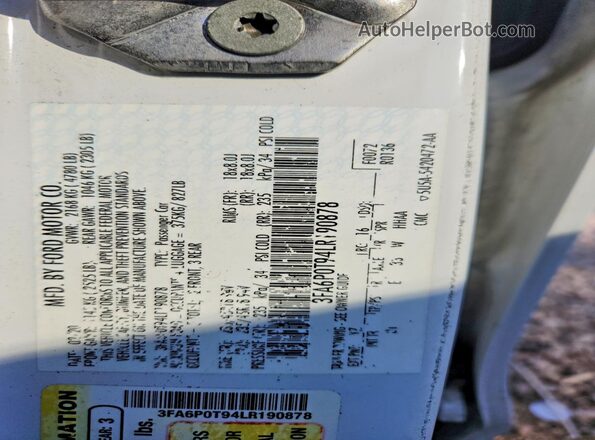 3FA6P0T94LR190878 2020 FORD FUSION White Вид підкапотного простору