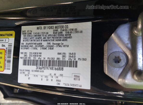 3FA6P0T97HR166808 2017 FORD FUSION Black Engine compartment view
