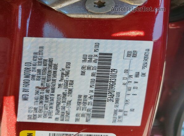 3FA6P0T99GR310129 2016 FORD FUSION Red Vista del compartimento del motor