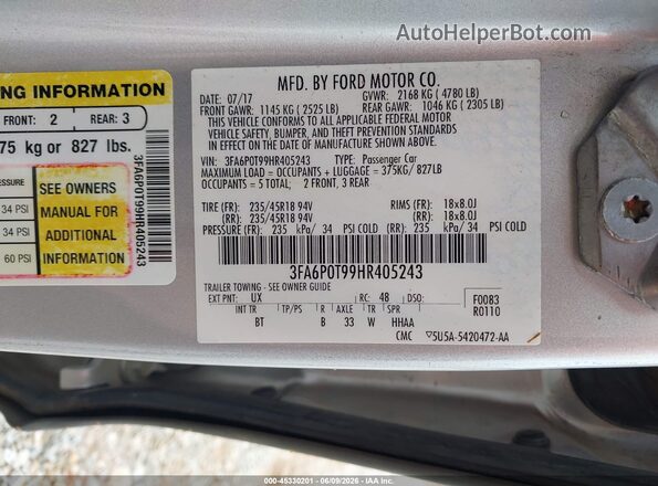3FA6P0T99HR405243 2017 FORD FUSION Silver Вид підкапотного простору