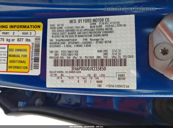 3FA6P0UU0JR235850 2018 FORD FUSION HYBRID Blue ძრავის განყოფილების ხედი