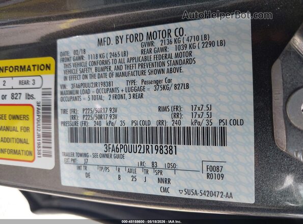 3FA6P0UU2JR198381 2018 FORD FUSION HYBRID Gray 