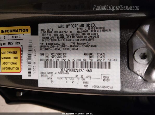 3FA6P0UU2JR271460 2018 FORD FUSION HYBRID Gray Vista del compartimento del motor