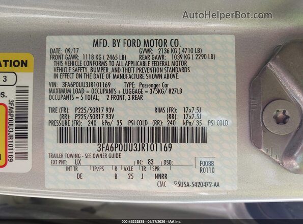 3FA6P0UU3JR101169 2018 FORD FUSION HYBRID Серебряный Вид подкапотного пространства