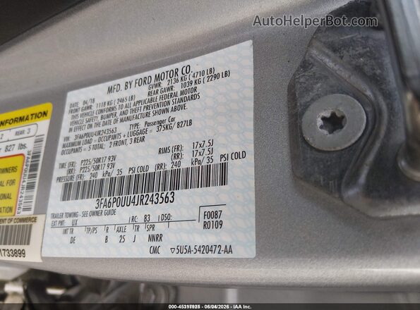 3FA6P0UU4JR243563 2018 FORD FUSION HYBRID Серебряный Вид подкапотного пространства