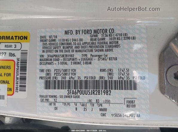 3FA6P0UU5JR281982 2018 FORD FUSION HYBRID Белый Вид подкапотного пространства