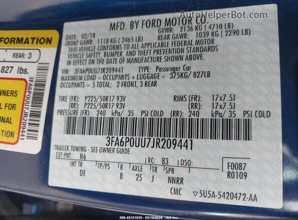 3FA6P0UU7JR209441 2018 FORD FUSION HYBRID Blue 