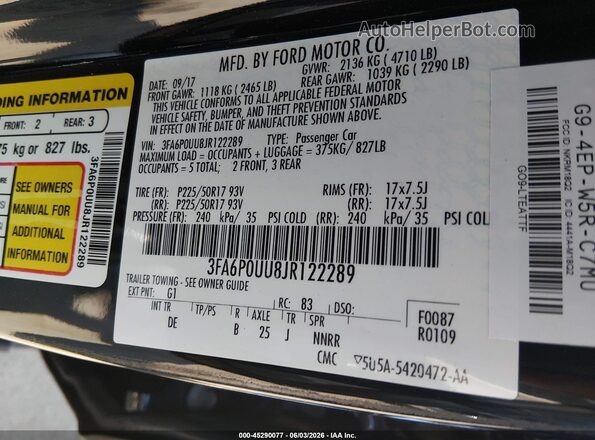 3FA6P0UU8JR122289 2018 FORD FUSION HYBRID Black ძრავის განყოფილების ხედი