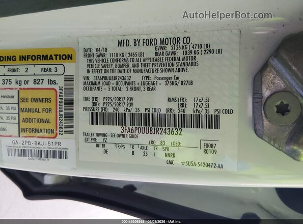 3FA6P0UU8JR243632 2018 FORD FUSION HYBRID White 