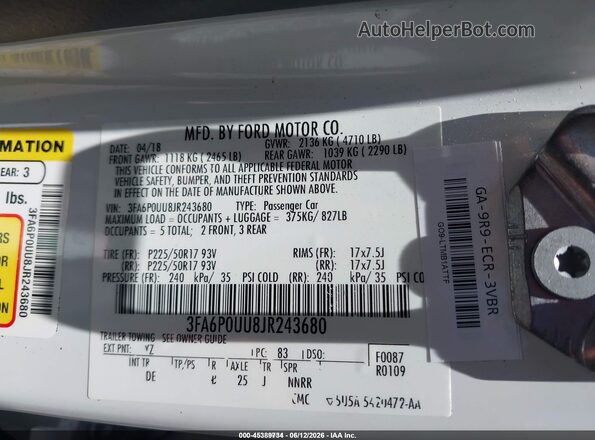 3FA6P0UU8JR243680 2018 FORD FUSION HYBRID Белый Вид подкапотного пространства