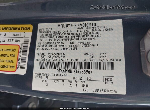 3FA6P0UUXJR235967 2018 FORD FUSION HYBRID Синий Вид подкапотного пространства
