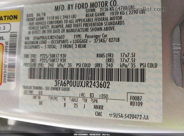 3FA6P0UUXJR243602 2018 FORD FUSION HYBRID Silver 