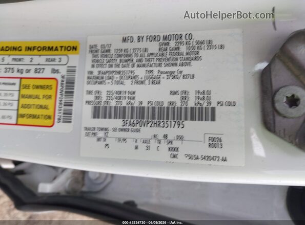3FA6P0VP2HR351795 2017 FORD FUSION White ძრავის განყოფილების ხედი
