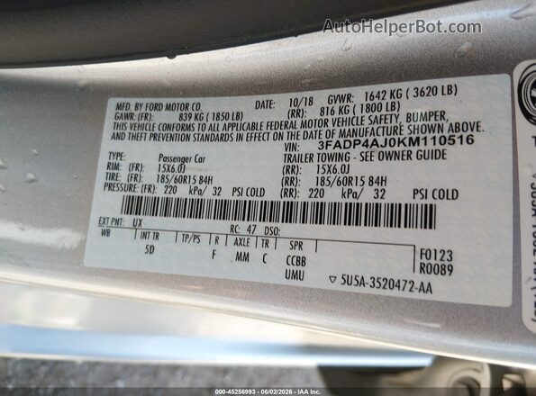 3FADP4AJ0KM110516 2019 FORD FIESTA Silver Widok komory silnika