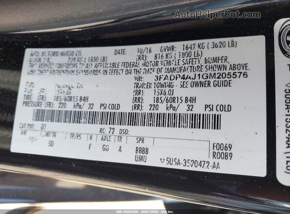 3FADP4AJ1GM205576 2016 FORD FIESTA Черный Вид подкапотного пространства