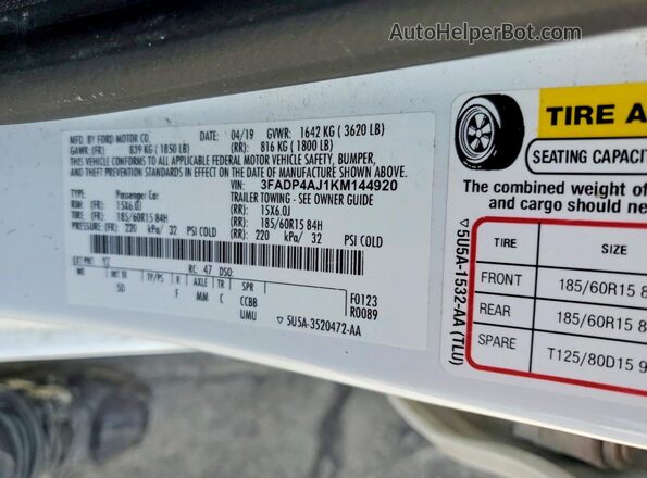 3FADP4AJ1KM144920 2019 FORD FIESTA White Вид підкапотного простору