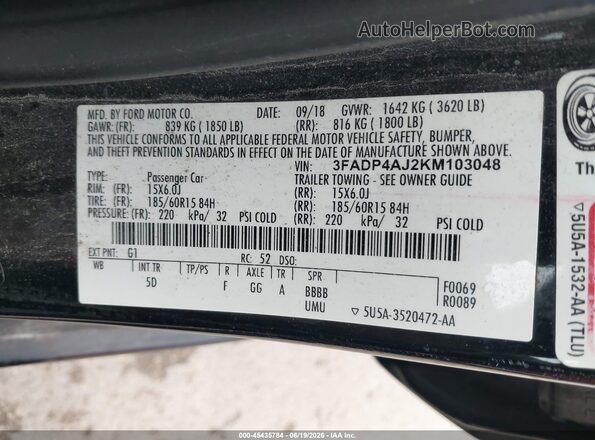 3FADP4AJ2KM103048 2019 FORD FIESTA Черный Вид подкапотного пространства