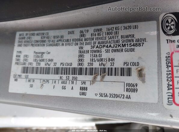 3FADP4AJ2KM154887 2019 FORD FIESTA Silver ძრავის განყოფილების ხედი