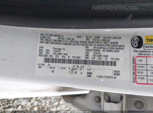 3FADP4AJ3GM165047 2016 FORD FIESTA Белый Вид подкапотного пространства